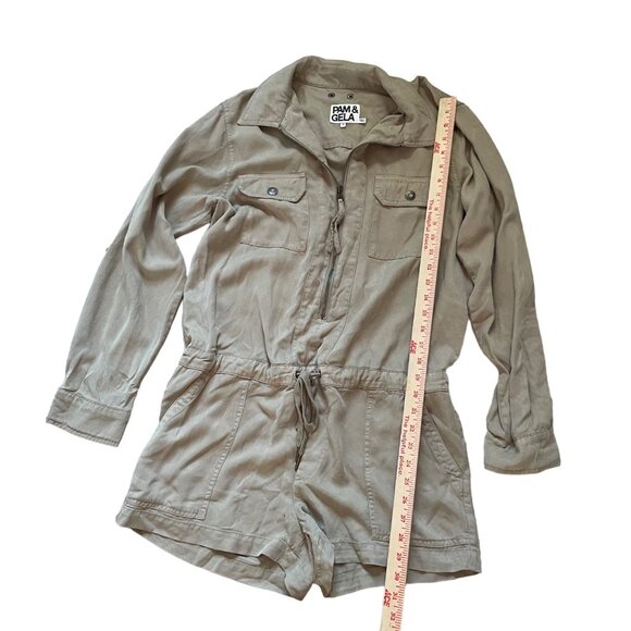 Pam & Gela Womens Long Sleeve Utility Romper Drawstring Waist Medium Lyocell Bei - Picture 6 of 11